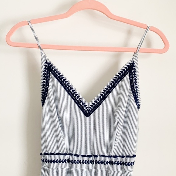 Japna Blue White Seersucker Pinstriped Embroidered Wide Leg Jumpsuit XS - Picture 2 of 8